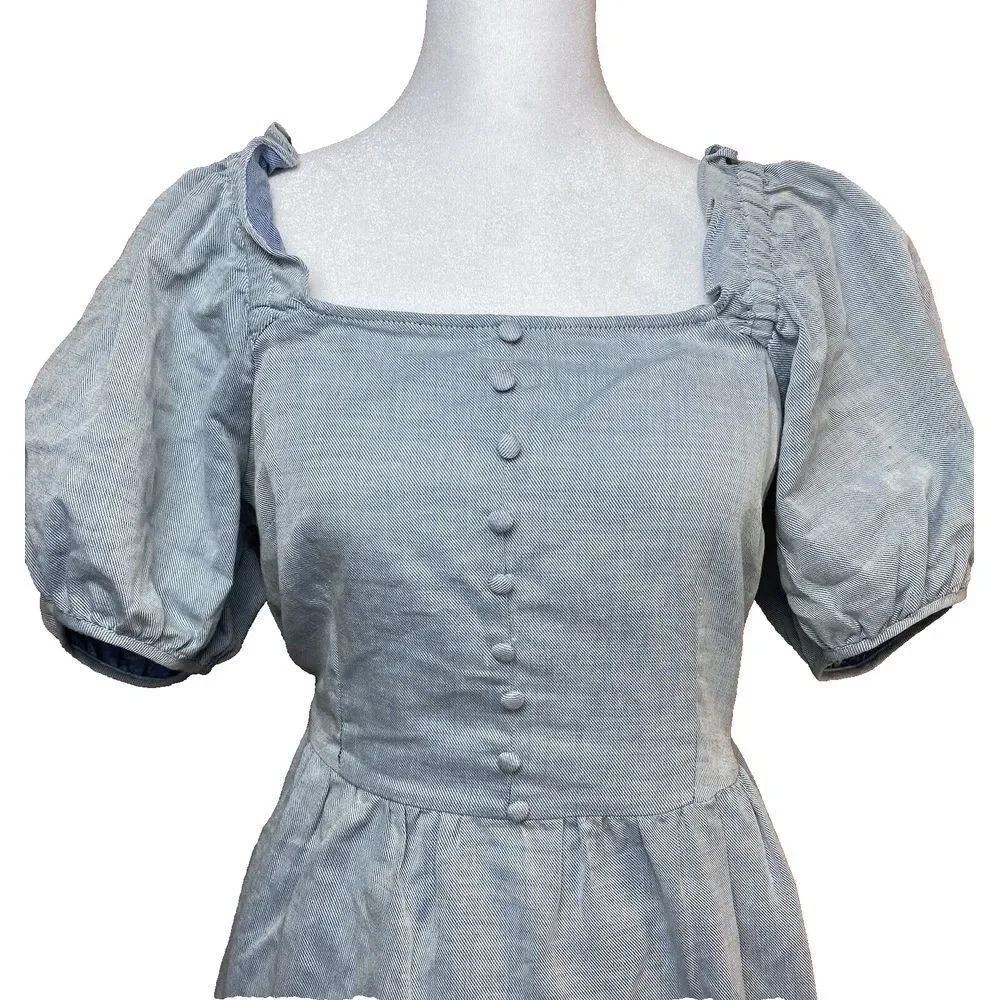Who What Wear Women's Dress Small Chambray Twill Puff Sleeve Mini Ruffle Hem NWT